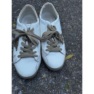 Shu Shop Paula White Leather Glitter Star Sneakers Gold Heel 10320-1211-078 7.5